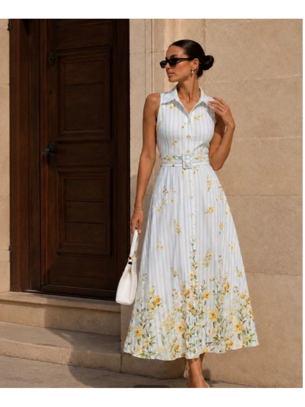 Commense Button Front Belted Midi Dress M White Blue Striped Floral Coastal Euro